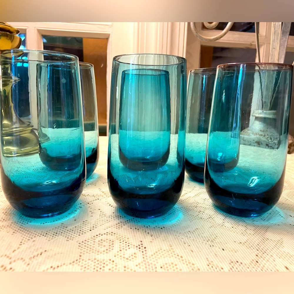 6 Vintage Teal Blue Aquamarine Hand Blown Glasses Weighted Bottom